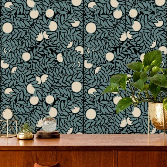 Orange Grove Blue Cream Floral Wallpaper
