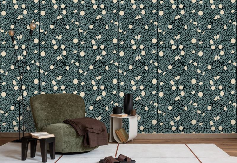 Orange Grove Blue Cream Floral Wallpaper