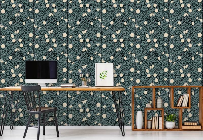 Huerto de naranjos Papel pintado floral azul crema