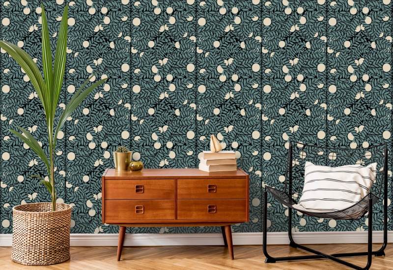 Huerto de naranjos Papel pintado floral azul crema