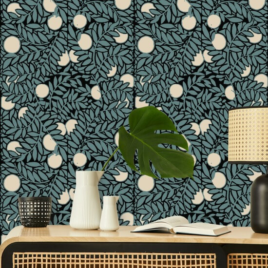 Huerto de naranjos Papel pintado floral azul crema