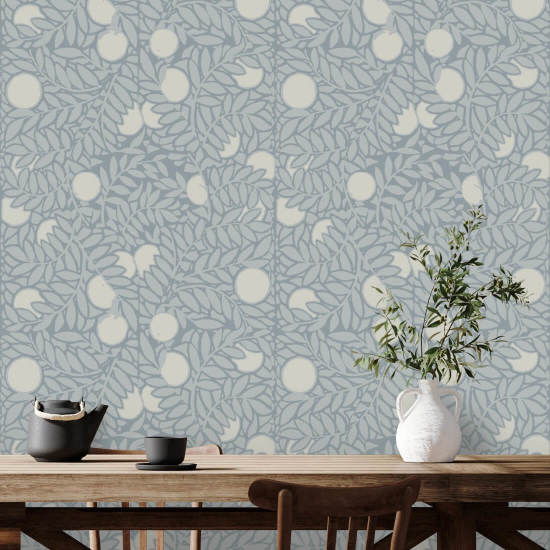 Huerto de naranjos Papel pintado floral azul mineral pálido