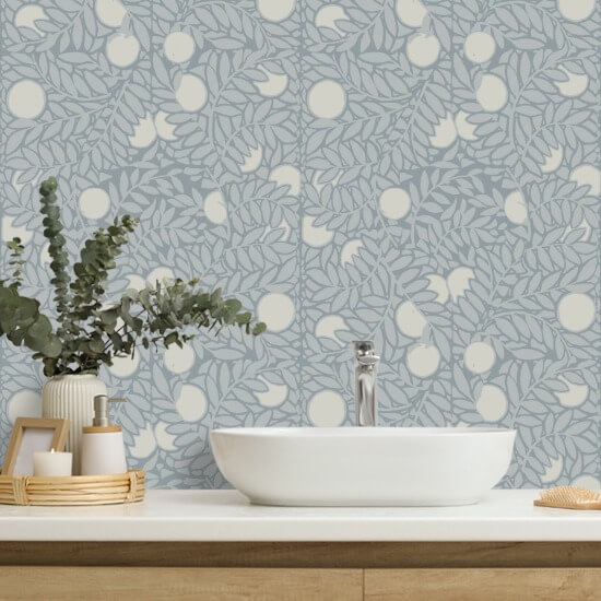 Orange Grove Pale Mineral Blue Floral Wallpaper