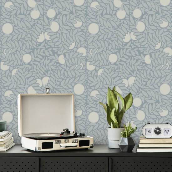 Orange Grove Pale Mineral Blue Floral Wallpaper