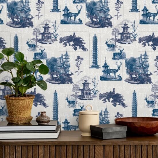 Pagoda Toile Moon Wallpaper