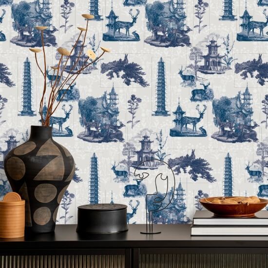 Pagoda Toile Moon Wallpaper