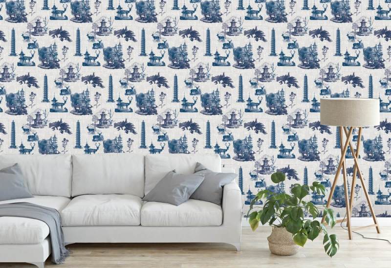 Pagoda Toile Moon Wallpaper