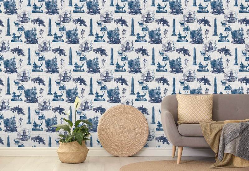 Pagoda Toile Moon Wallpaper