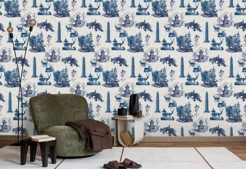 Pagoda Toile Moon Wallpaper