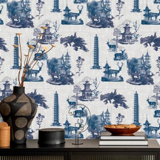 Pagoda Toile Moon Wallpaper