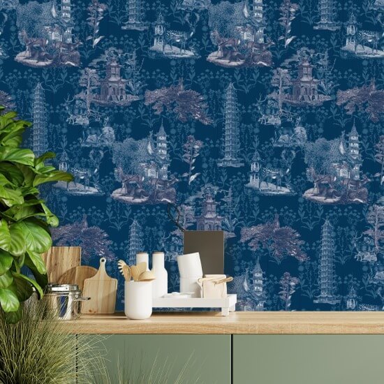 Pagoda Toile Midnight Wallpaper
