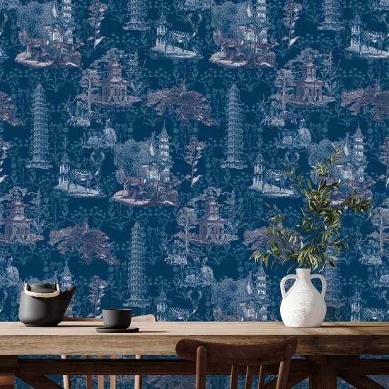 Pagoda Toile Midnight Wallpaper