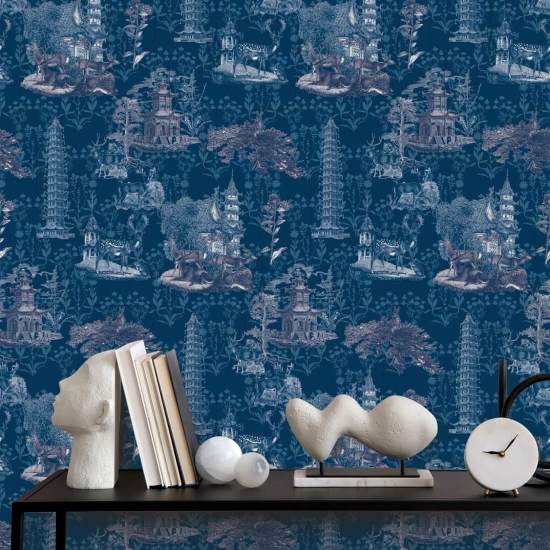Pagoda Toile Midnight Wallpaper