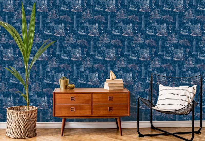 Pagoda Toile Midnight Wallpaper