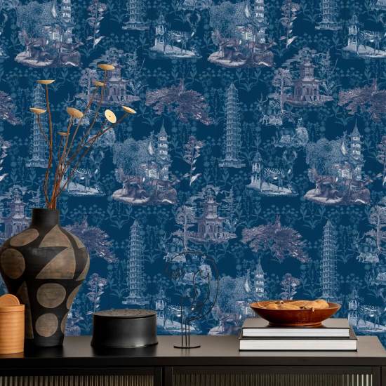 Pagoda Toile Midnight Wallpaper