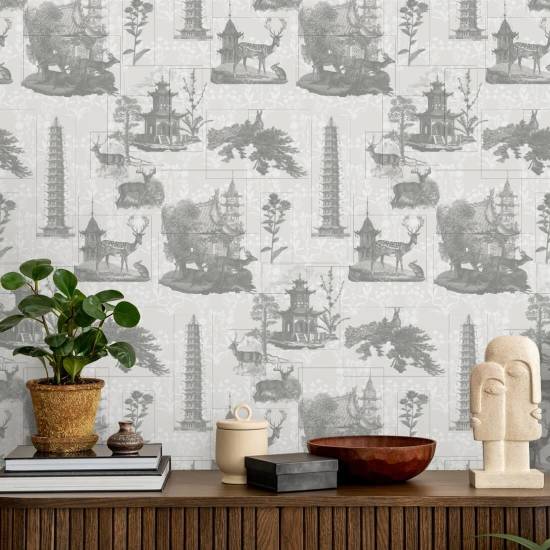 Pagoda Toile Charcoal Wallpaper