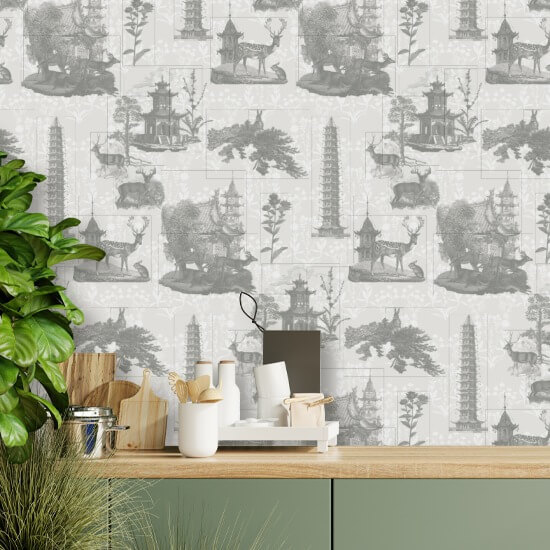 Pagoda Toile Charcoal Wallpaper