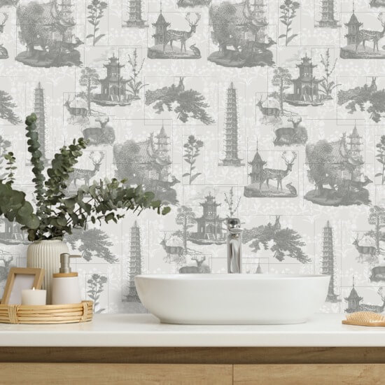 Pagoda Toile Charcoal Wallpaper