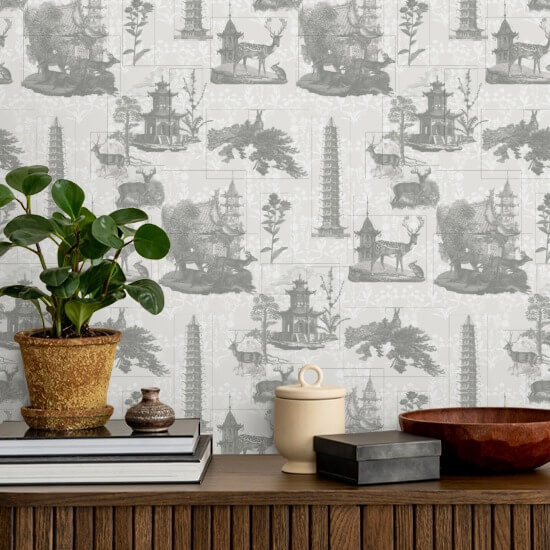 Pagoda Toile Charcoal Wallpaper