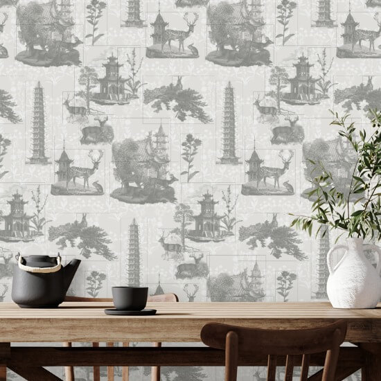 Pagoda Toile Charcoal Wallpaper