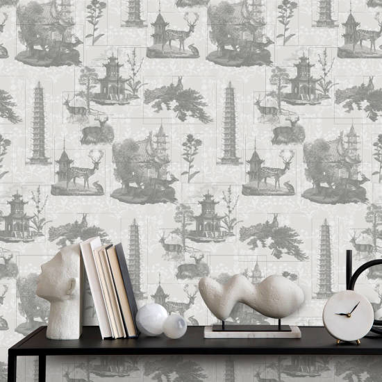 Pagoda Toile Charcoal Wallpaper