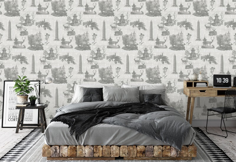 Pagoda Toile Charcoal Wallpaper