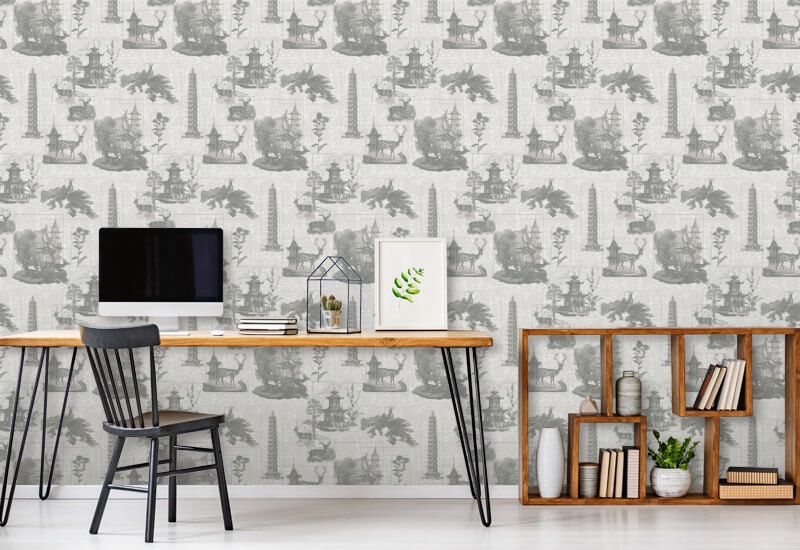 Pagoda Toile Charcoal Wallpaper