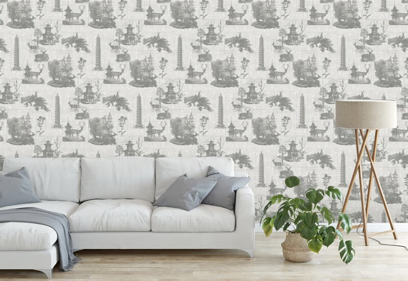 Pagoda Toile Charcoal Wallpaper