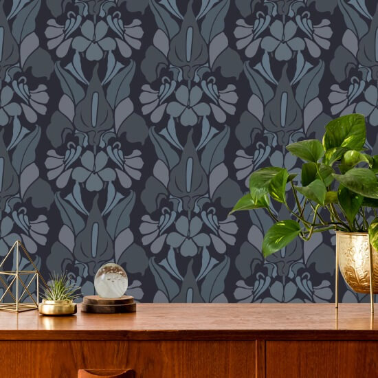 Dragon Flower Grey/Blue Wallpaper