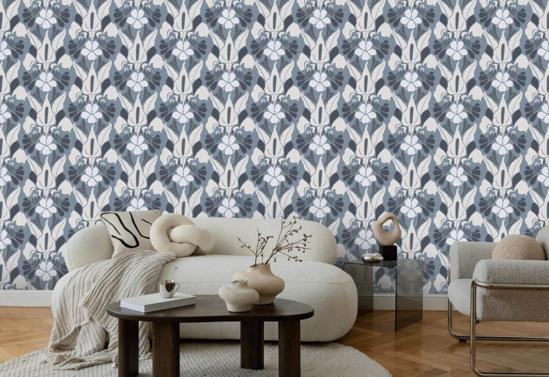 Dragon Flower White/Blue/Grey Floral Wallpaper