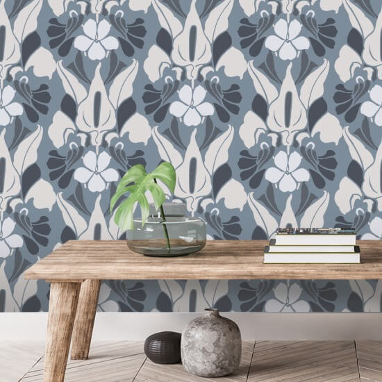 Drageblomst Hvid/blå/grå blomstertapet