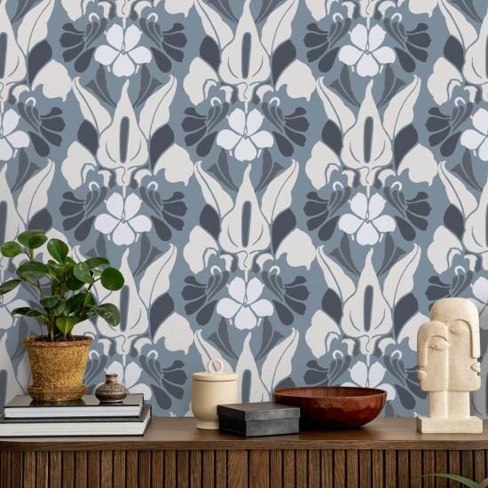 Dragon Flower White/Blue/Grey Floral Wallpaper