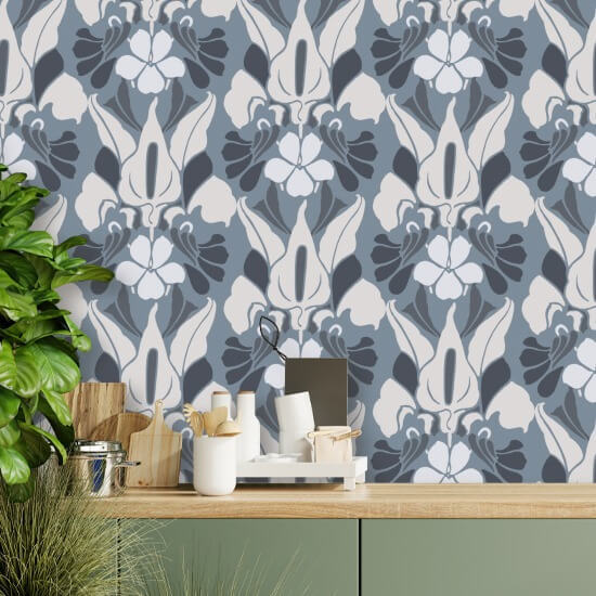 Fiore del drago Carta da parati floreale bianca/blu/grigia