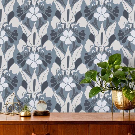 Flor de dragão Papel de parede floral branco/azul/cinza