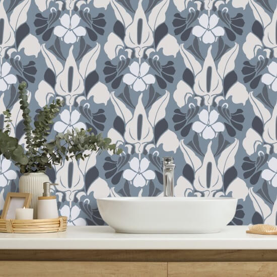 Dragon Flower White/Blue/Grey Floral Wallpaper