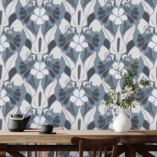 Fleur de dragon Papier peint floral blanc/bleu/gris