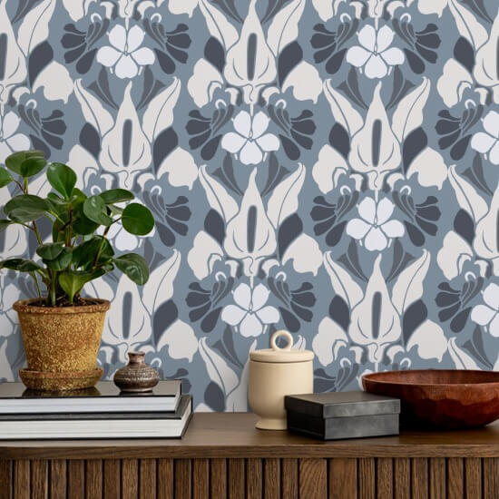 Dragon Flower White/Blue/Grey Floral Wallpaper