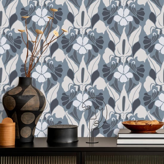 Dragon Flower White/Blue/Grey Floral Wallpaper