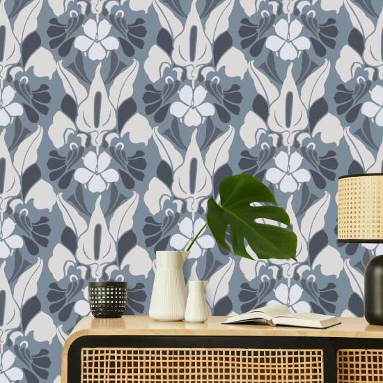 Fiore del drago Carta da parati floreale bianca/blu/grigia