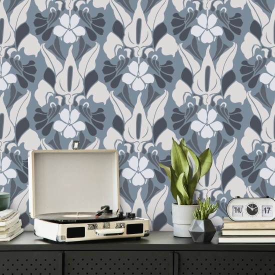 Flor de dragão Papel de parede floral branco/azul/cinza