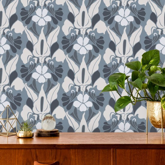 Drakenbloem Wit/blauw/grijs bloemenbehang