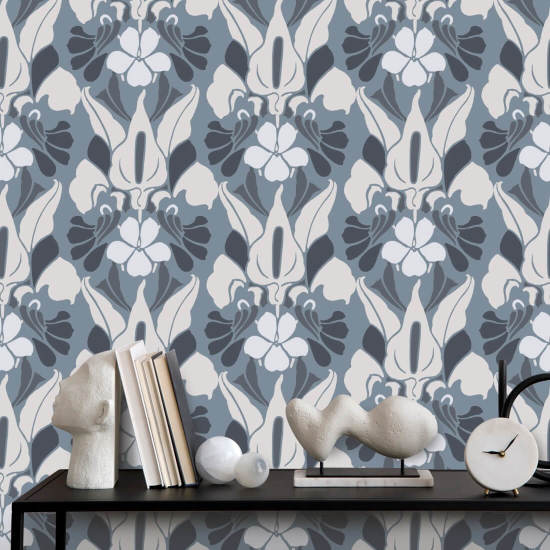 Fleur de dragon Papier peint floral blanc/bleu/gris