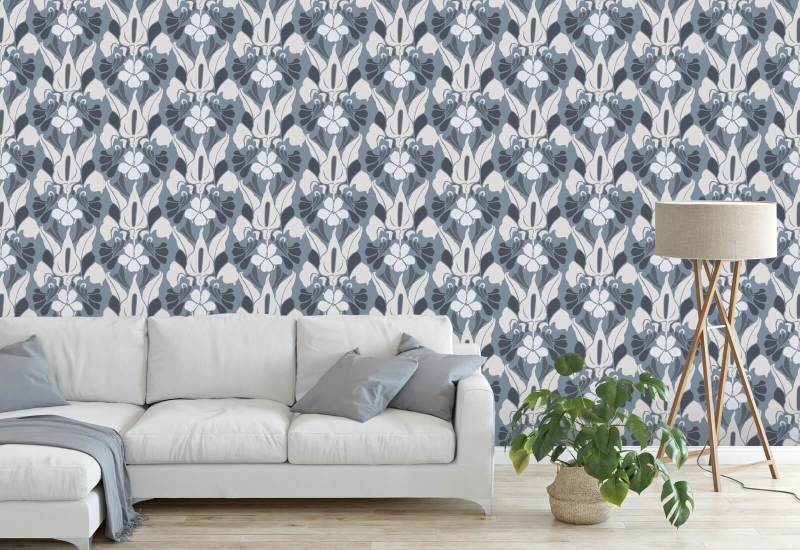 Flor de dragón Papel pintado floral blanco/azul/gris