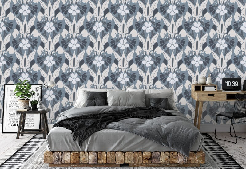 Dragon Flower White/Blue/Grey Floral Wallpaper