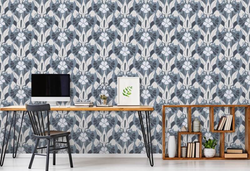 Drakenbloem Wit/blauw/grijs bloemenbehang