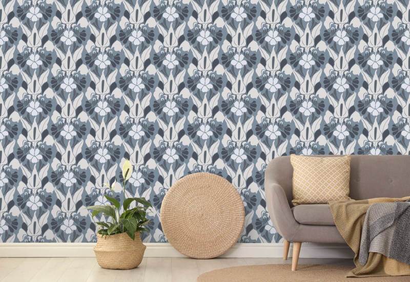 Drakenbloem Wit/blauw/grijs bloemenbehang