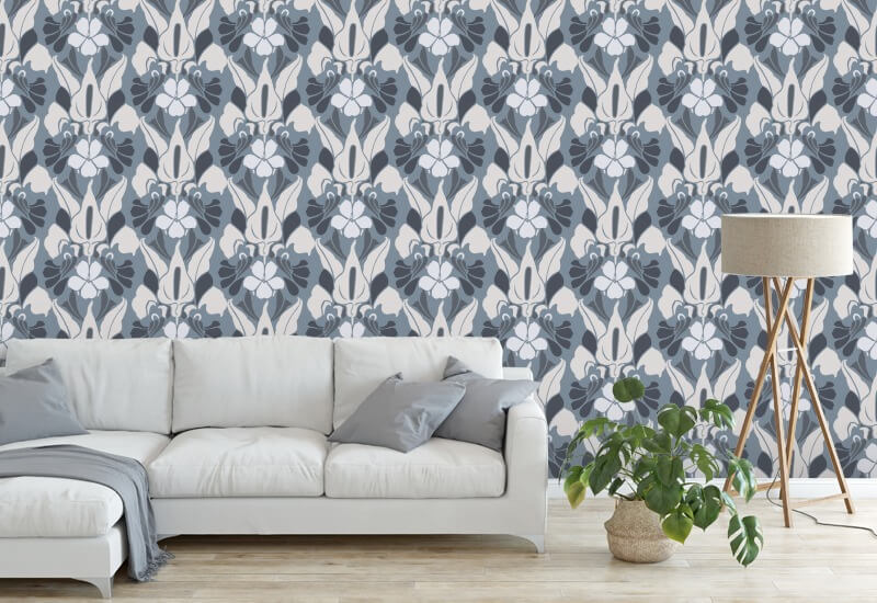 Dragon Flower White/Blue/Grey Floral Wallpaper