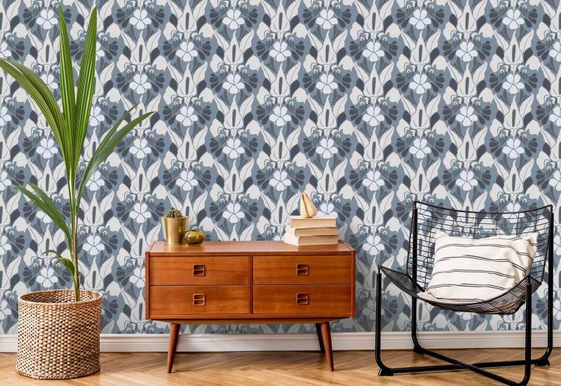 Fleur de dragon Papier peint floral blanc/bleu/gris