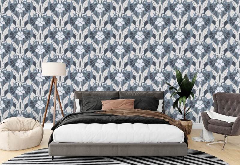 Flor de dragón Papel pintado floral blanco/azul/gris