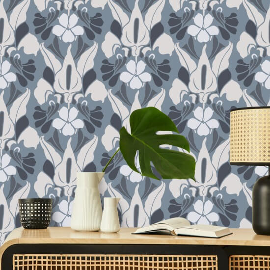 Fleur de dragon Papier peint floral blanc/bleu/gris